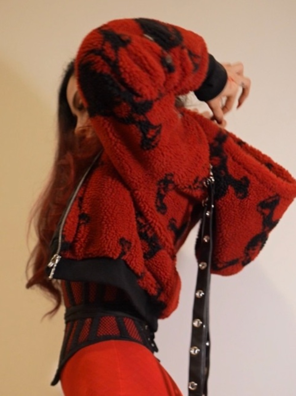Dolls Kill Red Faux-Shearling Bomber Jacket with Black Accents